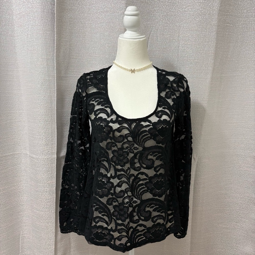 Y2K Express Womens Black Sheer Lace Top Size Small 90s Whimsigoth Fairy Grunge